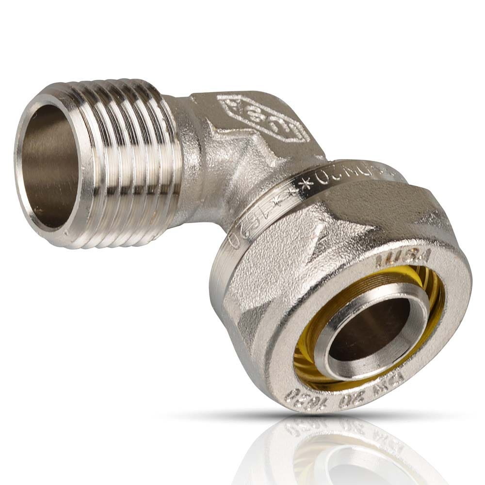 IUSA - Codo 90° de latón niquelado tipo macho 20 x 1/2” nptm