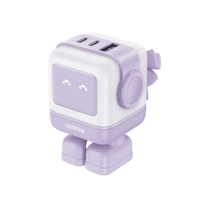 UGREEN - Cargador RobotGaN de 65W Serie UNO | 3 Puertos de Carga Rápida | 2 USB-C | 1 USB-A | PD 3.0 | QC 4.0 | Carga Inteligente | Tecnología GaN II | Zapato Magnético Extraíble | Carcasa Ignífuga | Pantalla LED