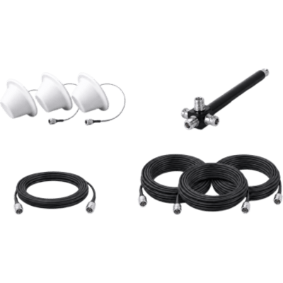 EPCOM - Kit de 3 Antenas Omnidireccionales tipo Domo y Divisor de Potencia de 4 salidas / Jumpers Coaxiales de 3 m y tres de 15 m con conectores N macho