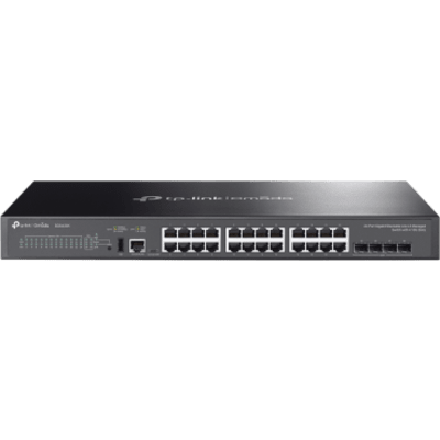 TP-LINK - Switch Gestionado Lite L3 Apilable / 24 Puertos Gigabit RJ45 / 4 Ranuras SFP+ 10G / Capacidad de Conmutación 128 Gbps / Stacking Físico hasta 4 Unidades / L3: RIP, OSPF, VRRP, Enrutamiento Estático, DHCP Server/Relay / Seguridad: ACL,