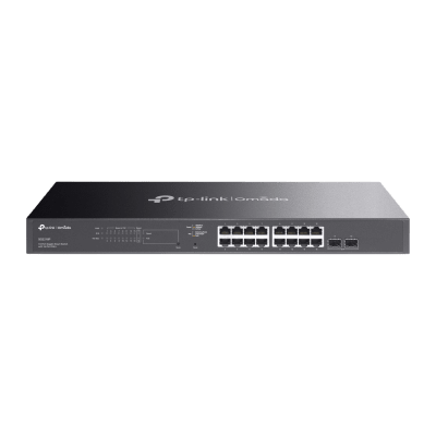 TP-LINK - Switch Smart Omada 18 Puertos Gigabit / 16 Puertos PoE+ 802.3af/at / 2 Ranuras SFP Gigabit / Presupuesto PoE 150 W / Switching 36 Gbps / Enrutamiento Estático L2+ / Gestión Cloud SDN / Fanless / Montable en Rack