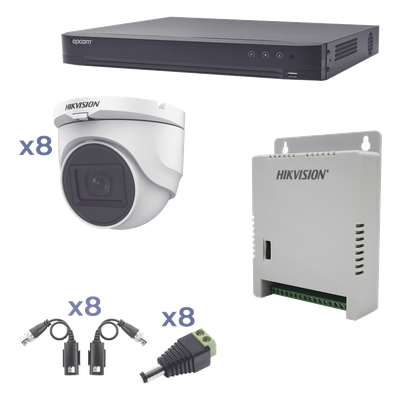 HIKVISION - Kit de Videovigilancia TurboHD / DVR 8 Canales / 8 Cámaras Turret / 2.8 mm / 106° / IR 30 m (98.4 ft) / Audio Bidireccional / Reconocimiento Facial