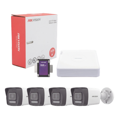 HIKVISION - Kit de Videovigilancia IP / 4 Megapixel / NVR 4 Canales PoE+ / 4 Cámaras Bala Dual Light / IR 30 m (98.4 ft) / Luz Blanca 30 m (98.4 ft) / Audio Integrado / SSD 1 TB / Cable 100 m (328.1 ft)