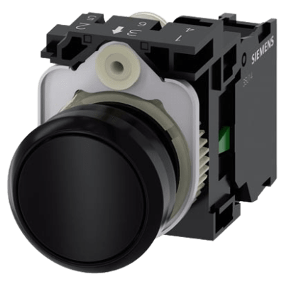 SIEMENS - Botón 3SU11000AB101BA0 Sirius 22mm, Color negro, Incluye soporte y contacto Normalmente Abierto.