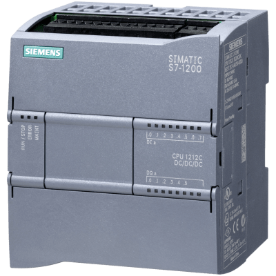 SIEMENS - PLC Compacto S7-1200 / CPU 1212C DC/DC/DC / 8 DI 24V DC + 6 DO 24V DC + 2 AI 0-10V / 100 KB Memoria / PROFINET / OPC UA Server / 4 Salidas de Pulso 100 kHz