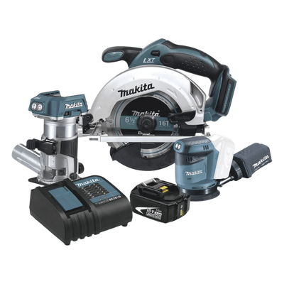 MAKITA - Kit de Carpintería Inalámbrico / Sierra Circular 3,700 RPM / Router / Lijadora Orbital / 3.5 kg / 2.50 m/s² Vibración