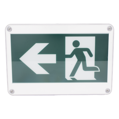 SFIRE - Letrero de Señalización de Emergencia / Alto Brillo / Doble Voltaje 120/220 VCA / Batería de Respaldo 120 min / Montaje Universal / IP Policarbonato