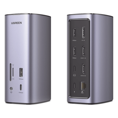 UGREEN - Docking Station USB-C 12 en 1 / 8K HDMI / 4K DisplayPort / USB 3.2 Gen 2 10Gbps / Gigabit Ethernet / Lector SD+MicroSD / Audio 3.5mm / PD 100W