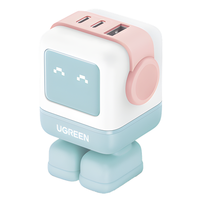 UGREEN - Cargador RobotGaN de 65W Serie UNO | 3 Puertos de Carga Rápida | 2 USB-C | 1 USB-A | PD 3.0 | QC 4.0 | Carga Inteligente | Tecnología GaN II | Zapato Magnético Extraíble | Carcasa Ignifuga | Pantalla LED.