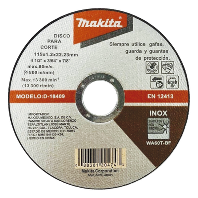 MAKITA - Disco de Corte / Acero Inoxidable / 115 mm (4-1/2') / Eje 7/8' / Espesor 1.2 mm
