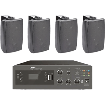 EPCOM PROAUDIO - Kit Amplificador de Audio / 240W / Bluetooth FM MP3 / 4 Altavoces de Pared 2 Vías / Sistema 70/100V / Phantom 48V