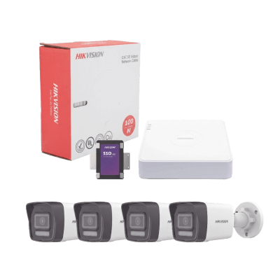 HIKVISION - Kit IP 4 Megapixel / NVR de 4 Canales con 4 Puertos PoE / 4 Cámaras IP Bala Dual Light (IR + Luz Blanca) con Microfono Integrado y ACUSENSE Lite para Exterior/ Bobina de Cable de 100 mts / SSD de 1 TB
