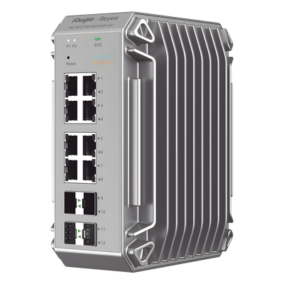 RUIJIE - Switch Industrial PoE / 8 Puertos Gigabit 802.3af/at / 4 Puertos SFP / Administrable Cloud / -40°C a 75°C / Doble Fuente AC/DC