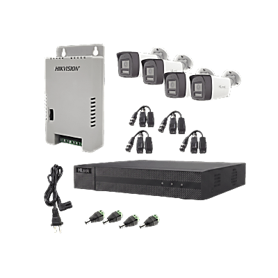 HILOOK BY HIKVISION - Kit HiLook Audio Bidireccional TurboHD 1080p / DVR Metalico 4 Canales / 4 Cámaras Bala (Exterior) con Bocina y Micrófono Integrado / 1 Fuente de Poder / Accesorios