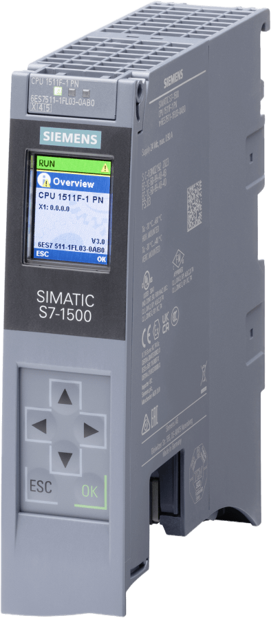 SIEMENS - CPU PLC Seguridad S7-1500F / 1511F-1 PN / Memoria 450 KB Programa + 1.5 MB Datos / PROFINET IRT 2-Puertos / 6 ns Rendimiento / SIL 3 / PLe / Failsafe