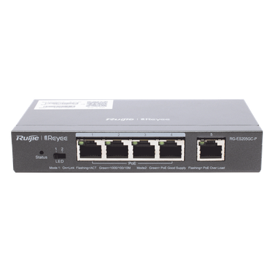 RUIJIE - Switch Administrable PoE / 5 Puertos Gigabit / 4 Puertos PoE 802.3af/at / 54 W / Capacidad 10 Gbps / Gestión Cloud / Sin Ventilador
