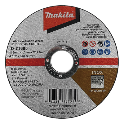MAKITA - Disco de Corte / 4-1/2 pulg (115 mm) / Inox y Acero / Eje 7/8 pulg (22.23 mm) / Velocidad Máxima 4,800 RPM / 80 m/s