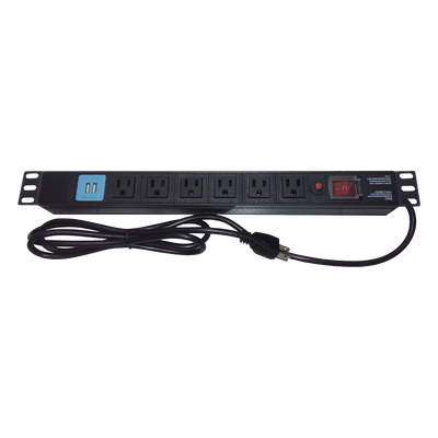 THORSMAN - PDU Horizontal / 6 Contactos NEMA 5-15R / 2 Puertos USB 5V/2.1A / 1UR / 19" / 1875 W / Cable 1.80 m (5.9 ft)