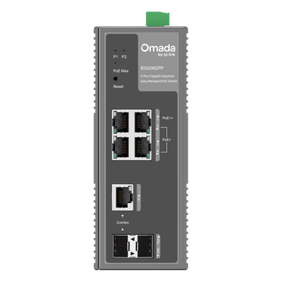 TP-LINK - Switch Industrial Easy Managed / 6 Puertos Gigabit / 4 PoE (1× PoE++ 60W + 3× PoE+ 30W) / 120W PoE Budget / 2 SFP / IP40 / -40°C a 75°C / 6kV Protección Rayos / DIN-Rail