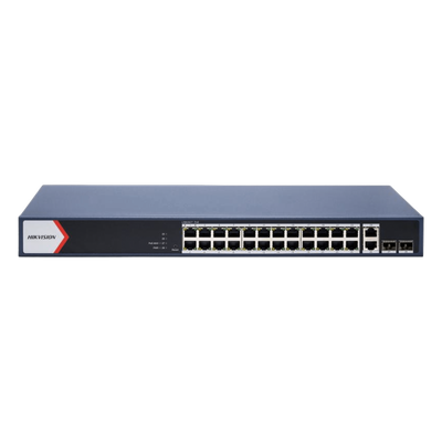 HIKVISION - Switch PoE+ Administrable / 24 Puertos Gigabit / 2 Puertos Uplink Gigabit / 2 Puertos SFP / Alcance Extendido 300 m (984.3 ft) / 230 W