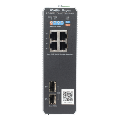 RUIJIE - Switch Industrial PoE+ / 4 Puertos Gigabit / 1 PoE++ 60W + 3 PoE+ 30W / 2 SFP Uplink / 12 Gbps / -40°C a 75°C / Protección 6 kV