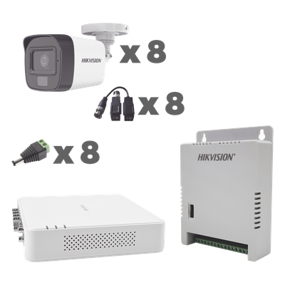 HIKVISION - Kit TurboHD / DVR 8 Canales / Audio por Coaxitron / 8 Cámaras 1080p / Micrófono Integrado / Luz Blanca + IR / Fuente Ajustable 12-15 V