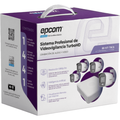EPCOM PROFESSIONAL - Kit de Videovigilancia TurboHD / 1080p Lite / DVR 4 Canales / 4 Cámaras Bala / Dual Light / Audio Integrado / IP66 / H.265+