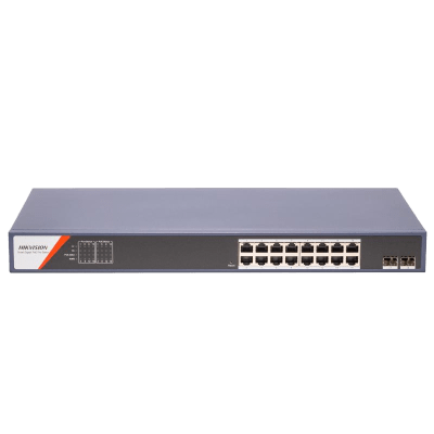 HIKVISION - Switch PoE+ / Administrable / 16 Puertos 1000 Mbps PoE+/ 2 Puertos SFP / Configuración Nube desde Hik-PartnerPro / Modo Extendido hasta 300 Metros / 230 W