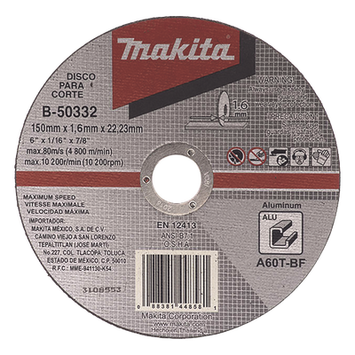 MAKITA - Disco de corte / Aluminio / 4 1/2 pulgadas (114 mm) / 13,300 RPM / Grano grueso