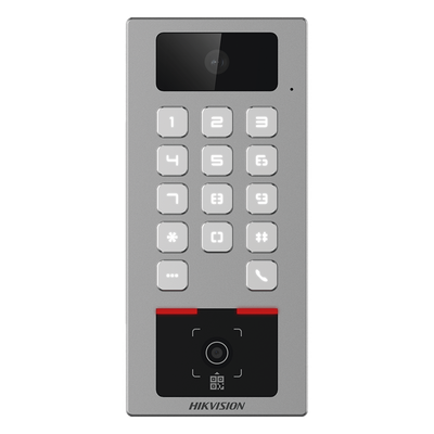 HIKVISION - Terminal de Control de Acceso / Lector QR Exterior / Videoportero 2 MP / IP65 & IK09 / 100,000 Tarjetas / 300,000 Eventos / Bluetooth y App