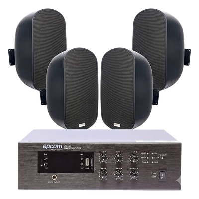 EPCOM PROAUDIO - Kit de Amplificador de Escritorio / 240W RMS / Salida 70/100V / 4 Altavoces de Pared 5" / Taps 3W a 50W / Bluetooth y MP3 Integrados
