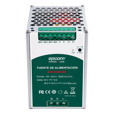 EPCOM POWERLINE - Fuente de Alimentación Industrial DIN Riel / 480 W / Salida 48 VCC 10 A / Eficiencia ≥93% / Carga de Batería / -20°C a 70°C