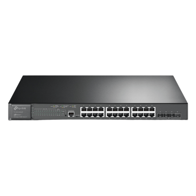 TP-LINK - Switch PoE+ Administrable L2+ / 24 Puertos Gigabit PoE+ / 4 Puertos SFP+ 10G / Presupuesto PoE 384W / Rendimiento 128 Gbps / Montaje en Rack
