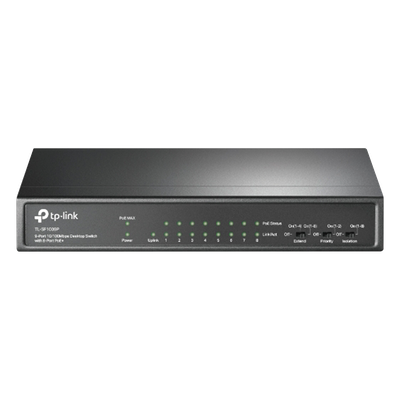 TP-LINK - Switch PoE+ No Administrable / 9 Puertos 10/100 Mbps / 8 Puertos PoE 802.3af/at / 65W / Alcance 250 m (820 ft) / Sin Ventilador