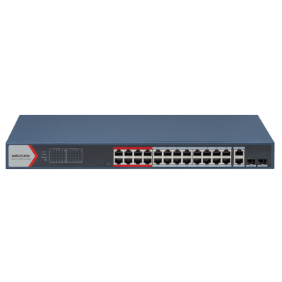 HIKVISION - Switch  PoE+ / Monitoreable / 24 Puertos 100 Mbps PoE+ / 2 Puertos 1000 Mbps + 2 Puertos SFP de Uplink (COMBO) / Configuración Nube Hik-Partner Pro / Modo Extendido hasta 300 Metros / 370 Watts