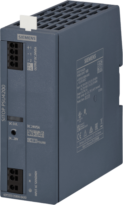 SIEMENS - Fuente de Alimentación Industrial SITOP PSU4200 / 1AC 24VDC/5A / 120-240V AC / Eficiencia 87% / Protección IP20 / Montaje DIN Rail