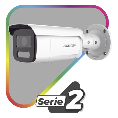 HIKVISION - [Dual Light + ColorVu] Bala IP 4 Megapixel / Lente 4 mm / 60 mts IR + 60 mts Luz Blanca / Exterior IP67 / Luz Intermitente y Alerta de Audio / Videoanaliticos (Filtro de Falsas Alarmas) / PoE / WDR 130 dB / Captura Facial  /  ACUSEARCH