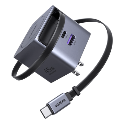 UGREEN - Cargador Rápido / 45W GaN / Cable Retráctil 0.7 m (2.3 ft) / 3 Puertos / Eficiencia 95% / Protección 8 Capas / 100-240V AC