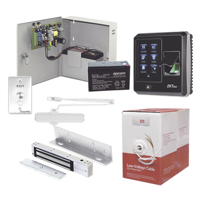 ACCESSPRO - Sistema de Control de Acceso / Chapa Magnética 600 lb (272 kg) / Lector Biométrico / Fuente 12VCC 3A con Batería 7Ah / Cierra Puertas 40-65 kg