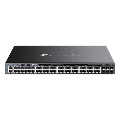 TP-LINK - Switch L3 Gestionable Apilable / 48 Puertos Gigabit PoE+ / 6 Ranuras 10G SFP+ / Presupuesto PoE 1440W / Apilamiento 8 Unidades / Enrutamiento OSPF / Gestión Cloud