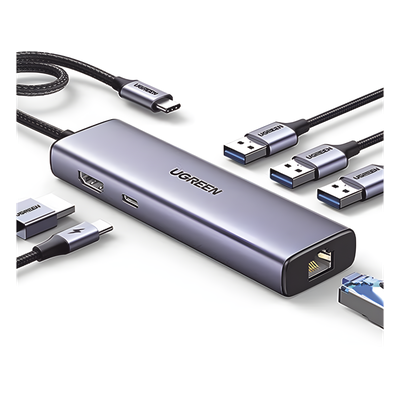 UGREEN - Hub USB-C 6 en 1 / 3 Puertos USB-A 3.0 (5 Gbps) / HDMI 4K@30Hz / PD 100W / Gigabit Ethernet / Aluminio