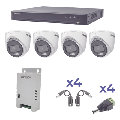 HIKVISION - Kit TurboHD ColorVu / DVR 4 Canales / 4 Cámaras 1080p / Exterior 2.8 mm / 98° / Fuente Regulada / Transceptores UTP