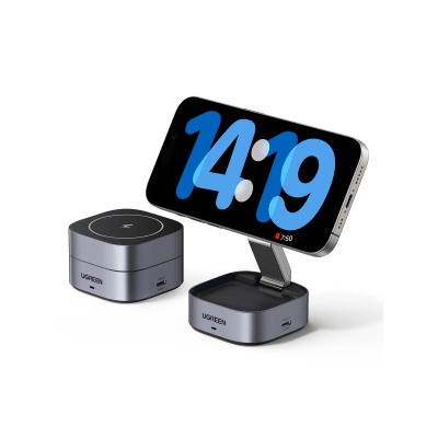UGREEN - Cargador Inalámbrico Magnético 2 en 1 UGREEN / 25W Máximo Potencia Total / Carga Simultánea iPhone + Smartwatch / Compatibilidad MagSafe y No MagSafe / Puerto USB-C 20W + USB 5W / Diseño Compacto