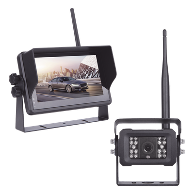 EPCOM - Sistema de Cámara de Reversa Inalámbrico / Monitor Táctil 7" 1024x600 / Transmisión 2.4 GHz / Alcance 200 m (656.2 ft) / IP69K / 12-24 VDC