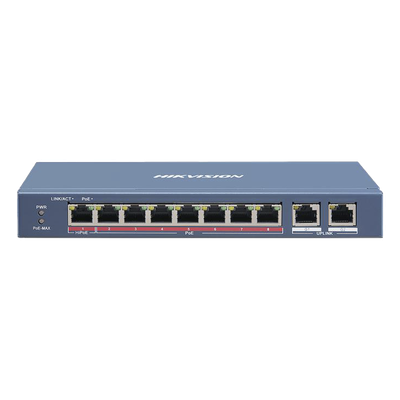 HIKVISION - Switch PoE+ / No Administrable / 7 Puertos 10/100 Mbps 802.3 af/at (30 W) / 1 Puerto 10/100 Mbps Hi-PoE (90 W)  / 2 Puertos 1000 Mbps Uplink / Modo Extendido hasta 300 Metros / 110 Watts