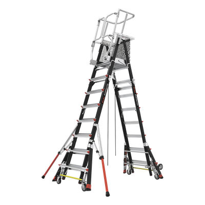 LITTLE GIANT LADDER SYSTEMS - Escalera de Fibra de Vidrio con Jaula / Ajuste de Altura 8' a 14' (2.44 a 4.27 m) / Carga Máxima 170 kg (375 lb) / Nivelación en Ruedas Ratchet™ / Peso 58.5 kg (129 lb)