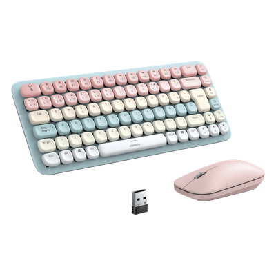 UGREEN - Paquete de Teclado y Mouse | 85 teclas en Español | Bluetooth y 2.4GHz |  Mouse Ambidiestro  | Sensor de DPI ajustable | Efectos de Iluminación del Teclado | Amplia compatibilidad | Color Rosa.