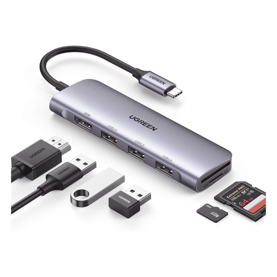 UGREEN - Docking Station USB-C / 6 en 1 / HDMI 4K@30Hz / 3 Puertos USB 3.0 / Lector SD + Micro SD / Aluminio