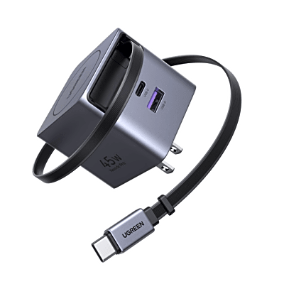 UGREEN - Cargador Rápido UGREEN 45W GaN / Cable Retráctil 0.7m / 3 Puertos USB-C + USB-A / Tecnología GaNInfinity 95% Eficiencia / 8 Capas Protección / Carga Simultánea 3 Dispositivos / Compacto para Viajes