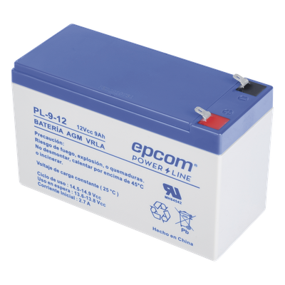 EPCOM POWERLINE - Batería 12 Vcc / 9 Ah / UL / Tecnología AGM-VRLA / Para uso en equipo electrónico Alarmas de intrusión / Incendio/ Control de acceso / Video Vigilancia / Terminales F1 / Cargador recomendado CHR-80.